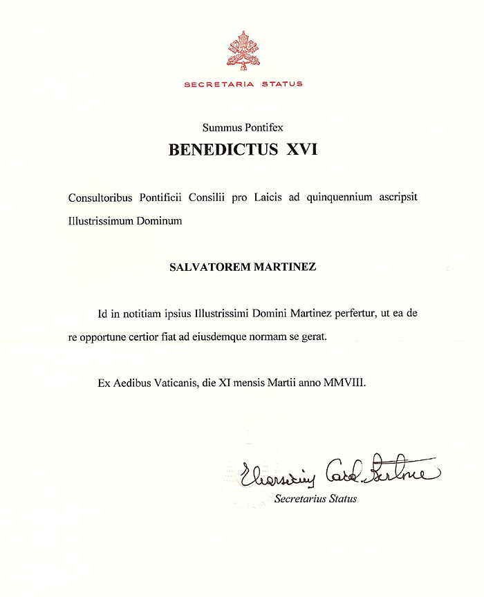 La Nomina di Salvatore Martinez a Consultore del Pontificio Consiglio per i Laici